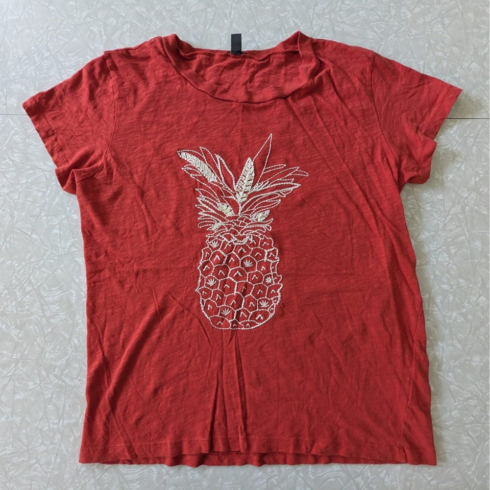 J.Crew Pineapple Collector Tee Red Sequin Embroidered‎ Cotton T-Shirt XL